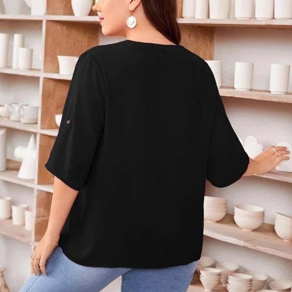 Roll tab mid length sleeves button up v neck boho blouse baby blue - Picture 13 of 14